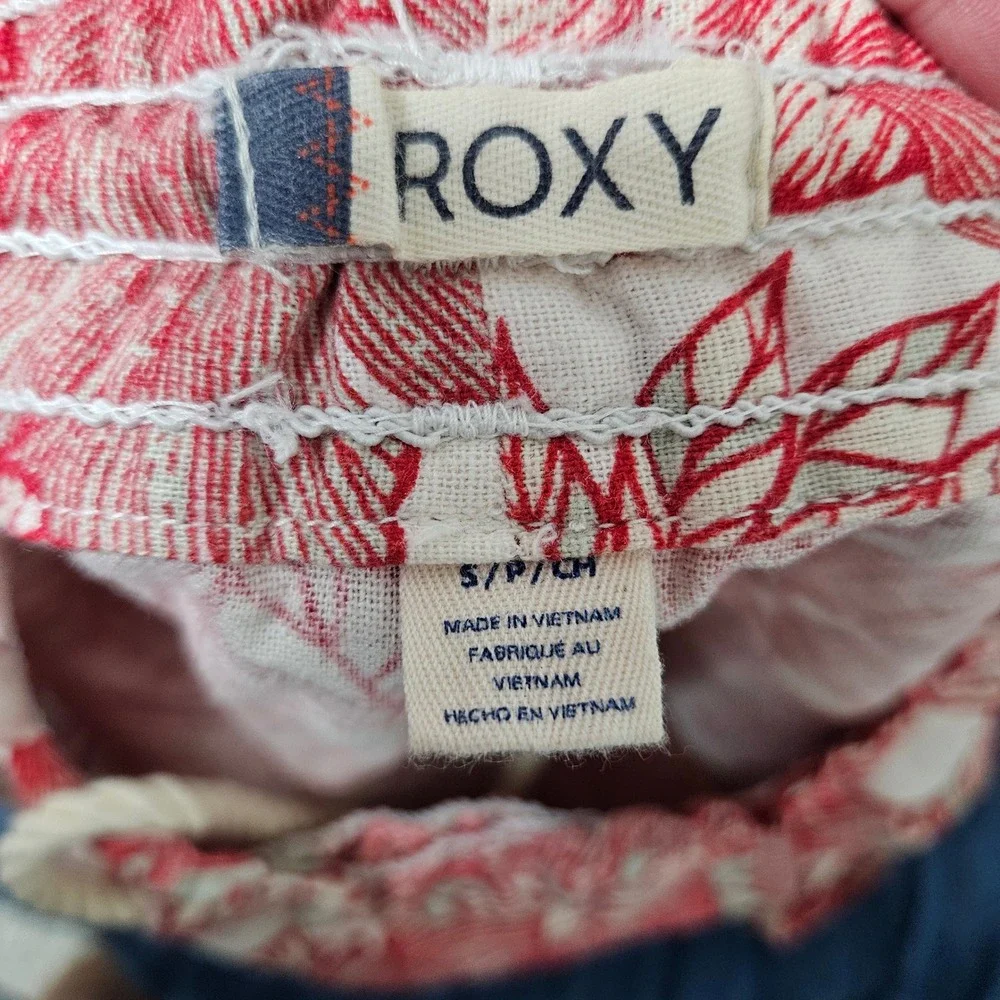 Roxy Linen Blend Shorts Womens Small Red Floral Paperbag Waist Rope Drawstring